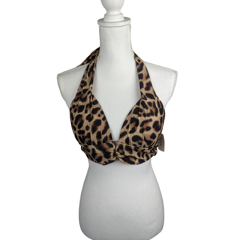 Soma Womens Leopard Print Halter Bikini Top Brown Black Size Medium NEW